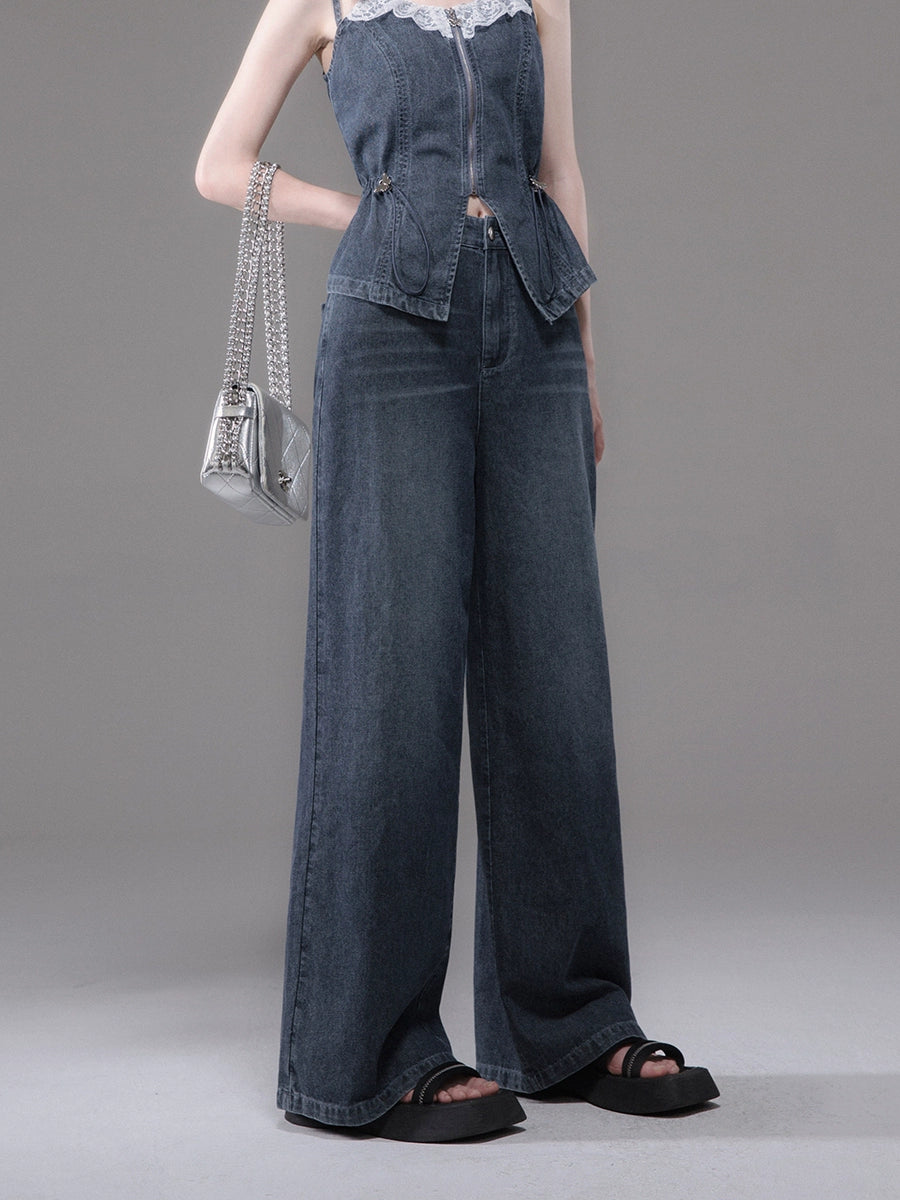 Double Strap V-neck Lace Denim Camisole & Wide-Leg Straight Denim Jeans Setup NA5527