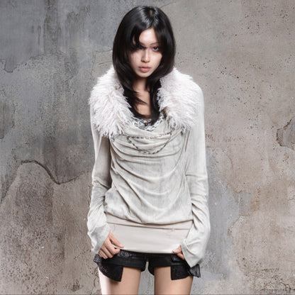 Fake Two-Piece Draped Pleated Mid- Length Slimming Long Sleeve T-Shirts NA8357