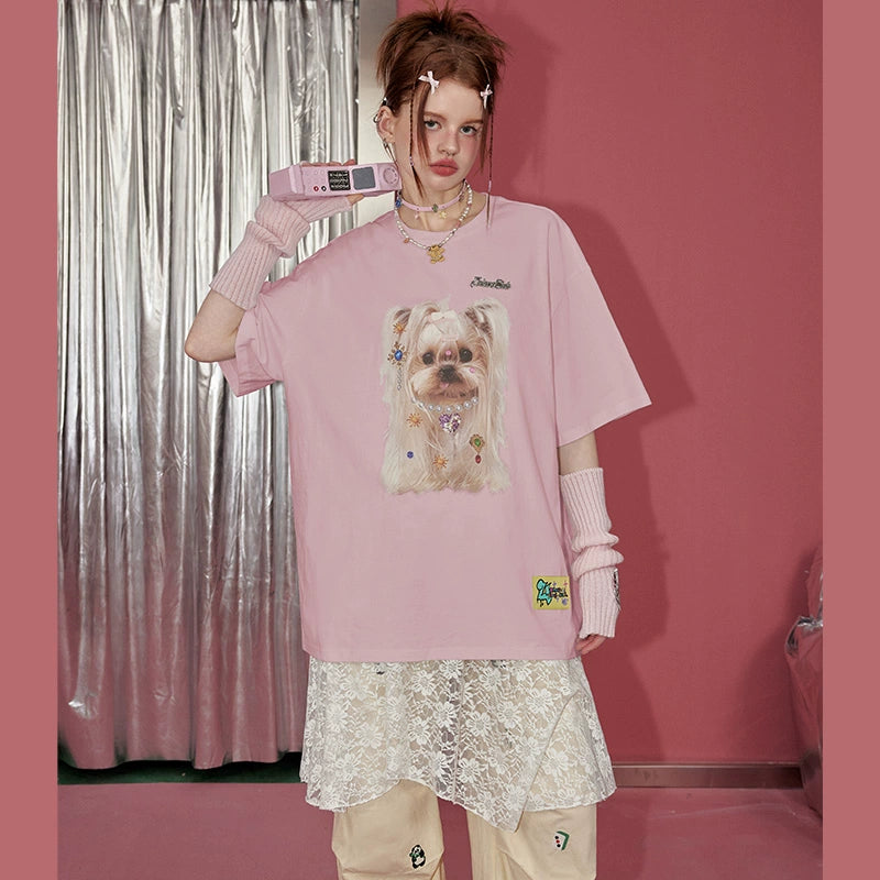 Dog Print Oversize Short Sleeve T-shirt NA3508