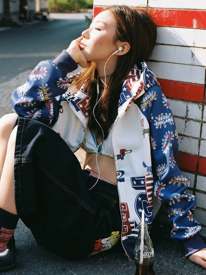 All-Over Print Cropped Zipper Hoodie NA9315