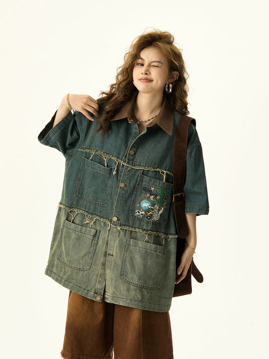 Patchwork Denim Short Sleeve Shirt NA3132