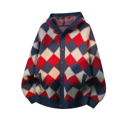 Heavyweight Diamond Pattern Oversize Hooded Knit Cardigan & Knit Sweater NA8871
