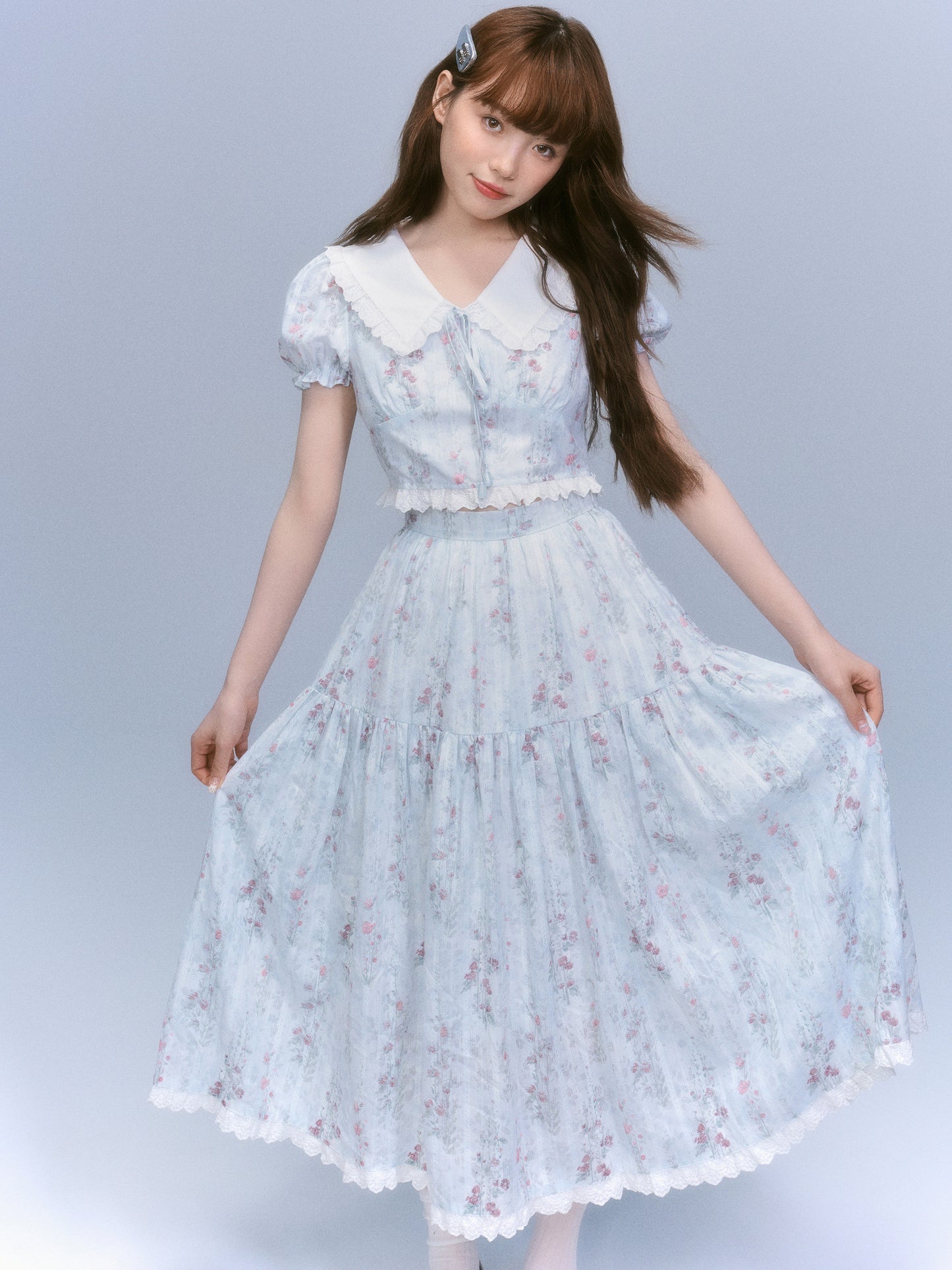 Floral-Print Blouse & Lace Trim Flared Skirt Setup NA8827