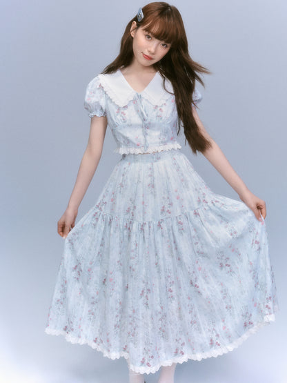 Floral-Print Blouse & Lace Trim Flared Skirt Setup NA8827