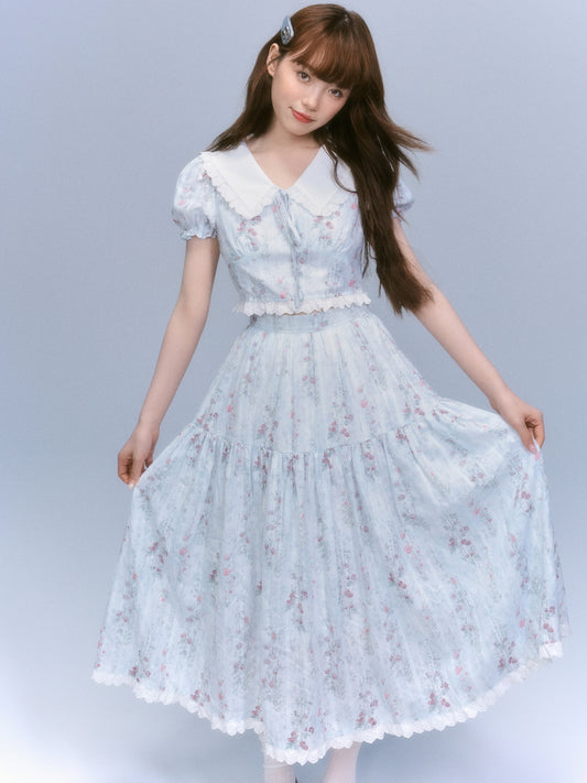 Floral-Print Blouse & Lace Trim Flared Skirt Setup NA8827