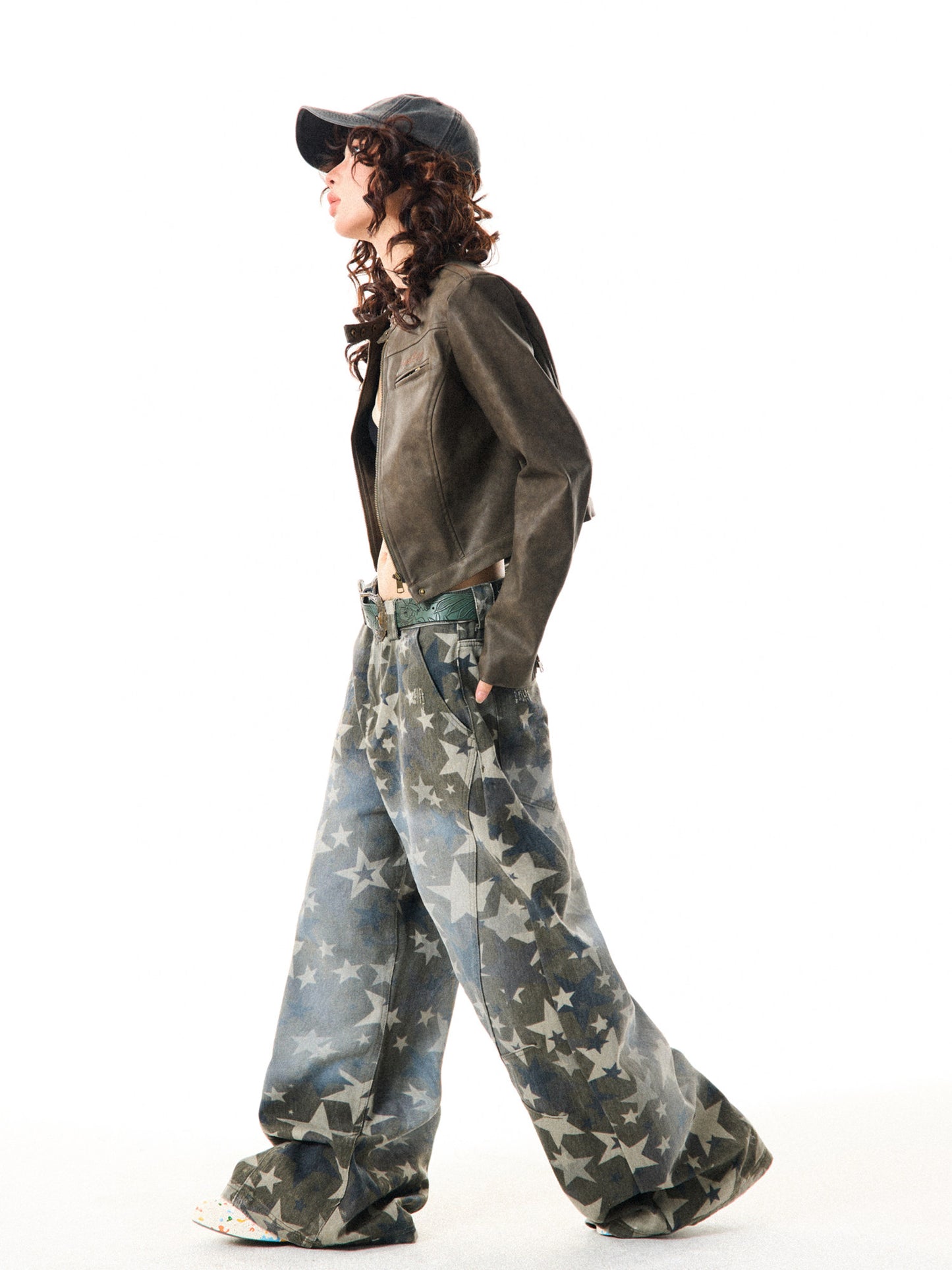 Star Print Damage Wide Leg Denim Jeans NA9313