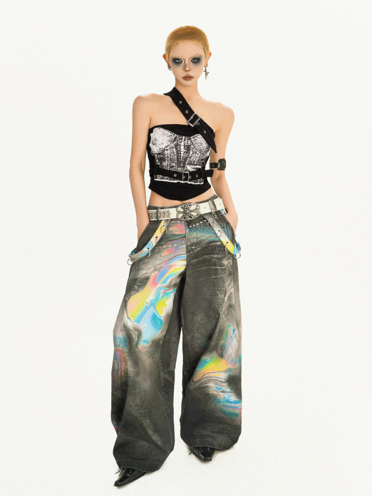 Tie-Dye Wide Leg Color Blended Design Denim Jeans NA8575