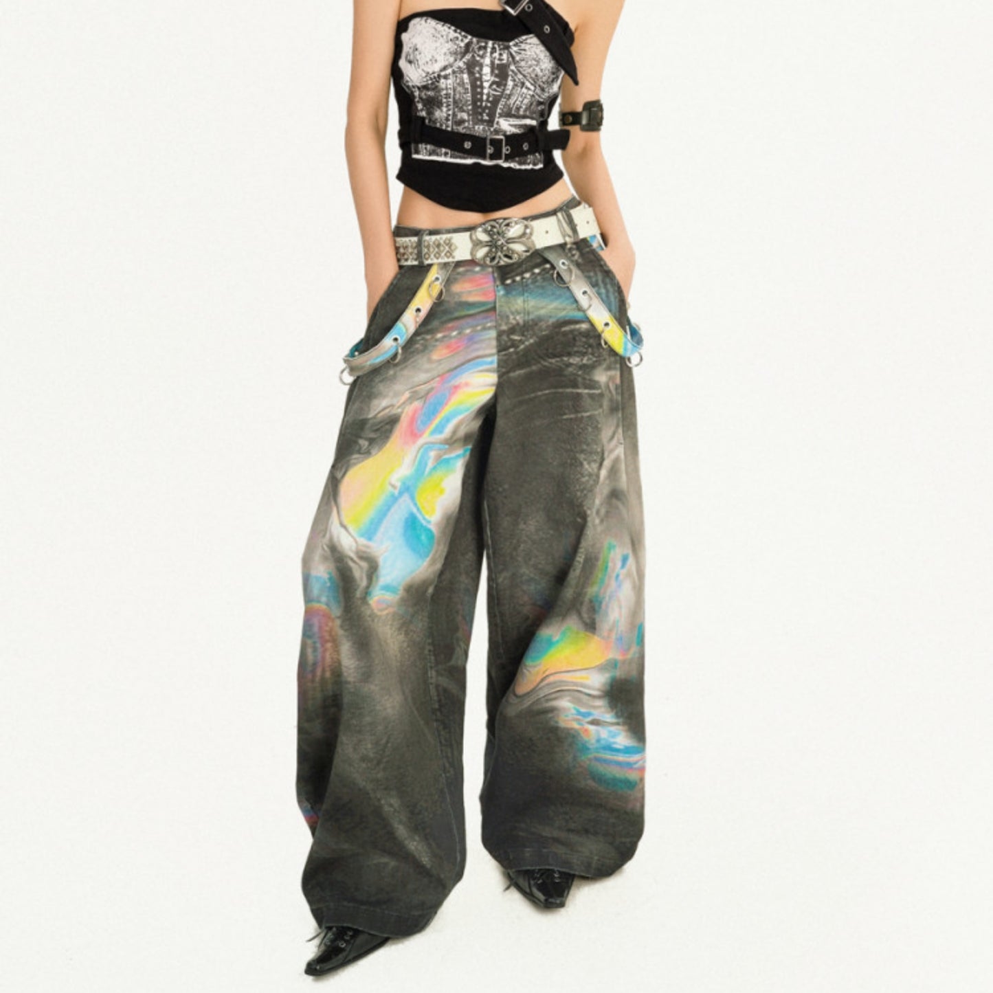 Tie-Dye Wide Leg Color Blended Design Denim Jeans NA8575