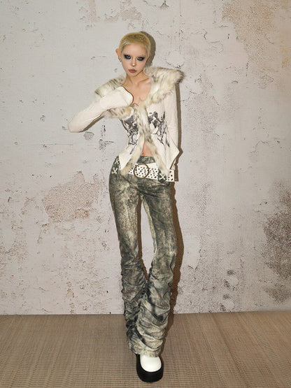 Damage Paint Splash Low Rise Flare Denim Jeans NA8605