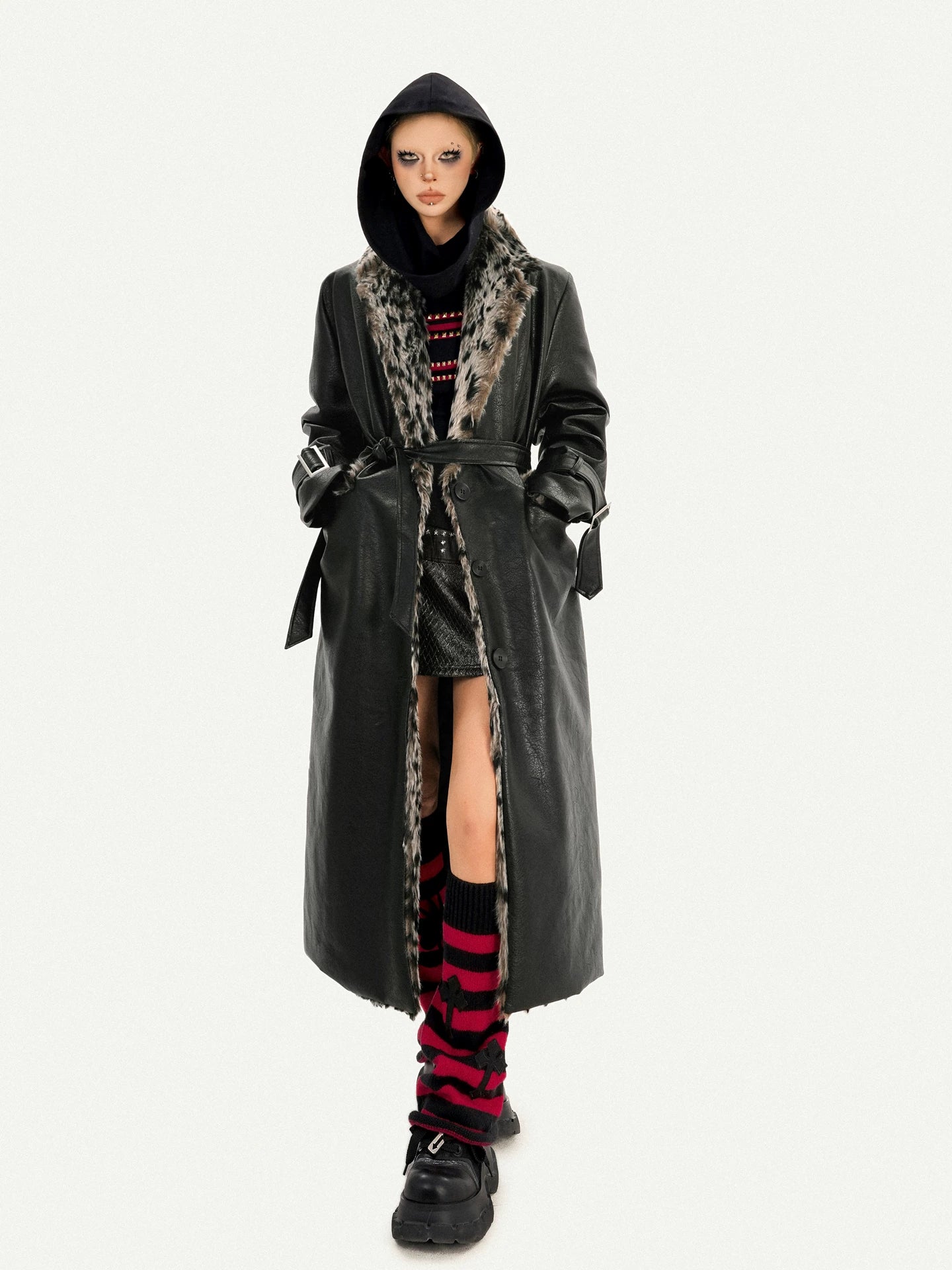 NA8564 Milk Cool Mo Li American retro black long leather jacket female leopard print fur integrated loose fur collar coat NA8564