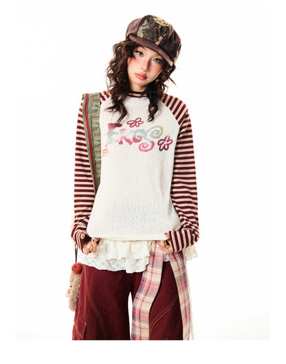 Stripe Raglan Graphic Print Long Sleeve T-Shirt NA9344
