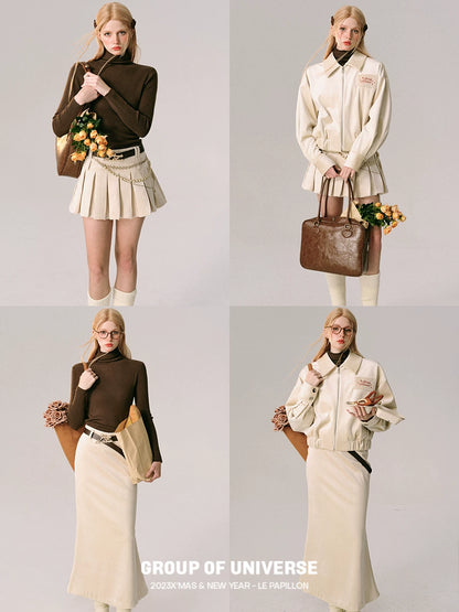 Velvet Collar Jacket & Long Skirt & Pleats Short Skirt Setup NA5911