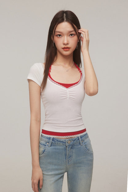 Fake Layered V-neck Short Sleeve T-shirt NA3982