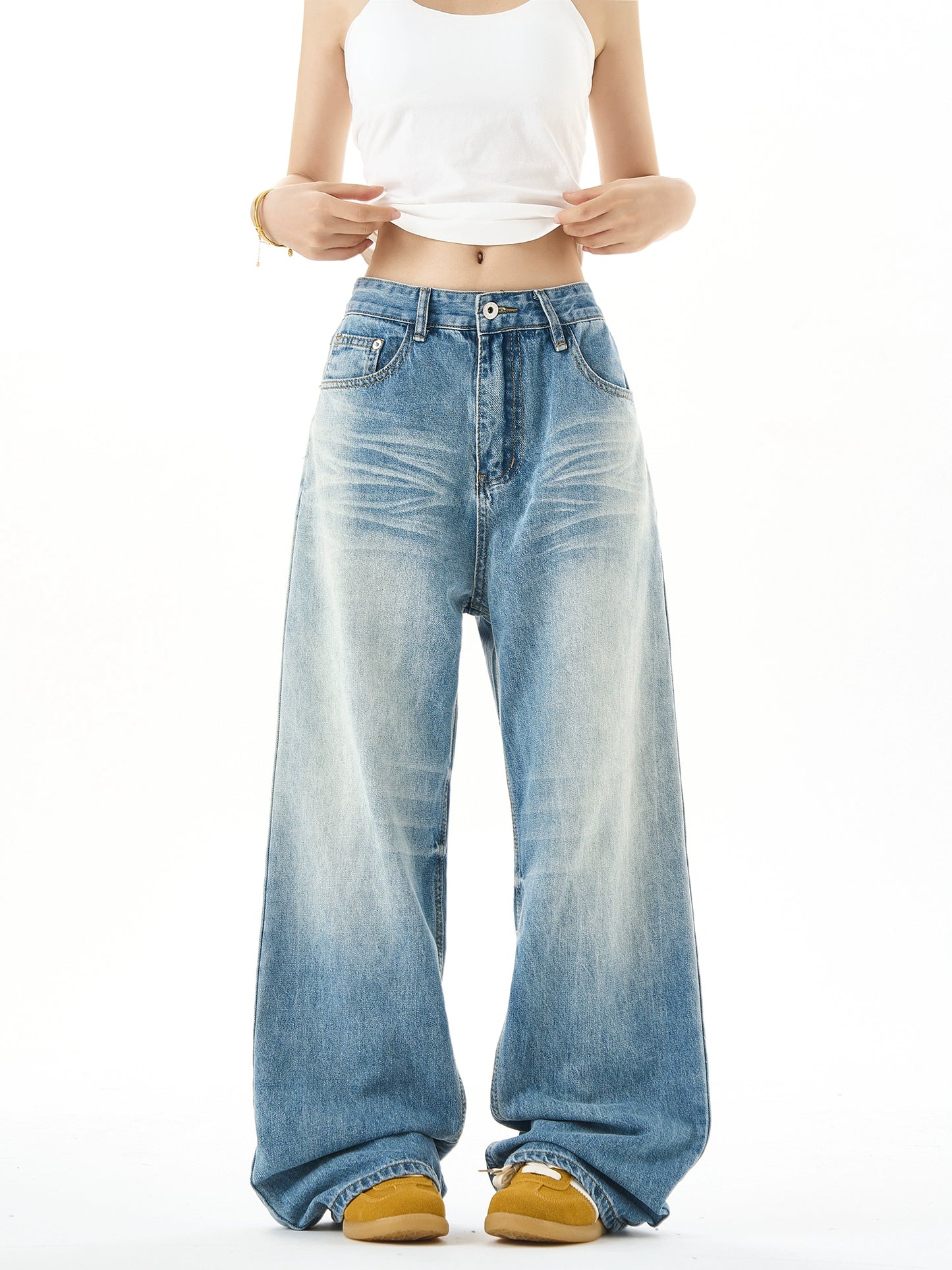 Washed Wide-Leg Straight Denim Jeans NA3054