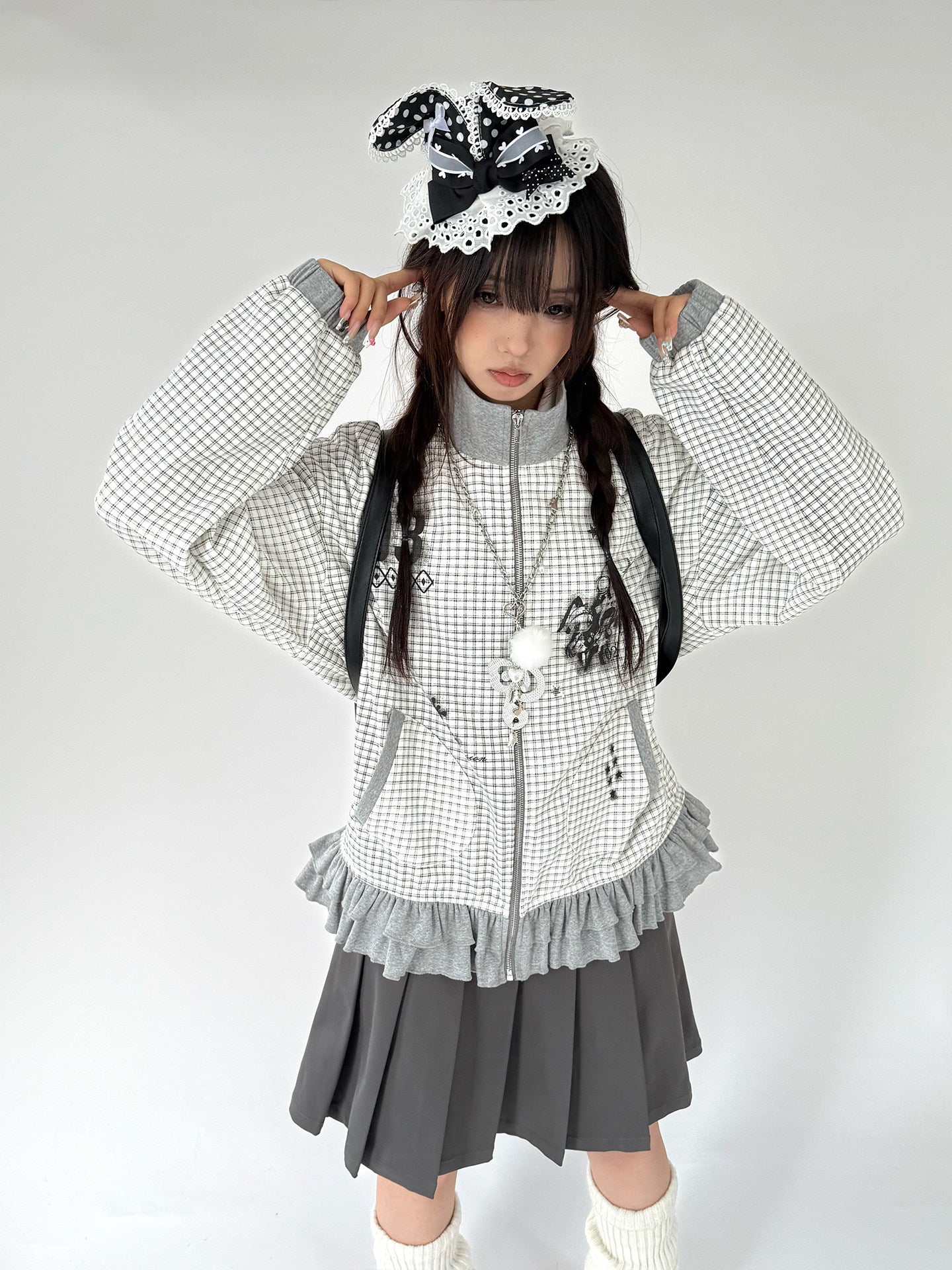 Checkered Ruffle Hem Oversize Zipper Hoodie NA9278