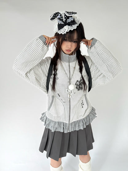 Checkered Ruffle Hem Oversize Zipper Hoodie NA9278