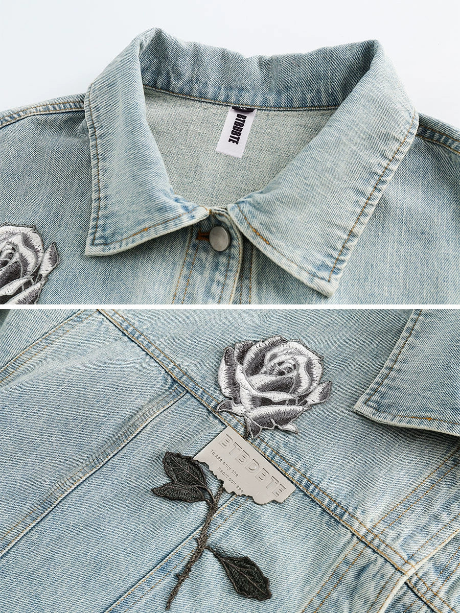 Rose Embroidery Oversized Denim Jacket NA2735