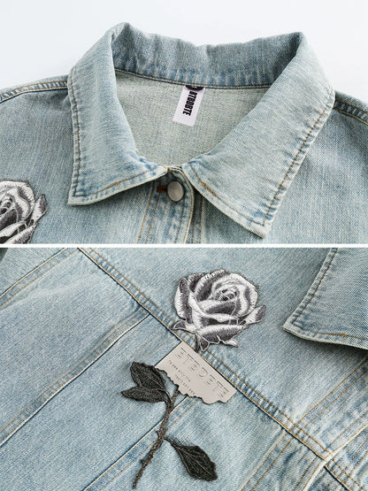 Rose Embroidery Oversize Denim Jacket NA2735