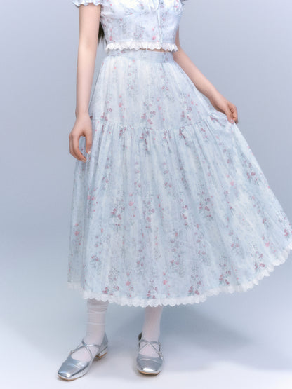 Floral-Print Blouse & Lace Trim Flared Skirt Setup NA8827