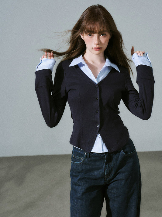 Layered Lyocell Wool Stripe Office Commuter Kinit Cardigan NA8807