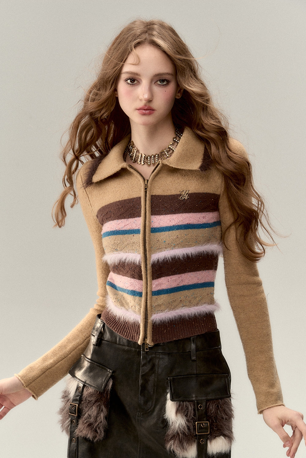 Striped Wool Knit Zipper Cardigan NA4694