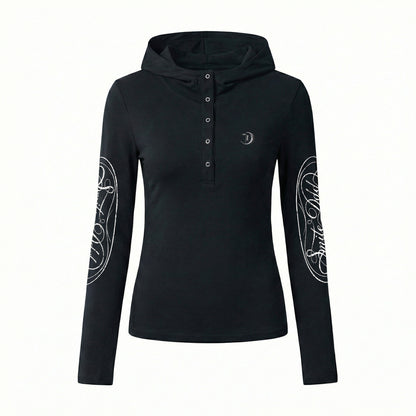 Hooded Button Print Long Sleeve T-Shirt NA8932