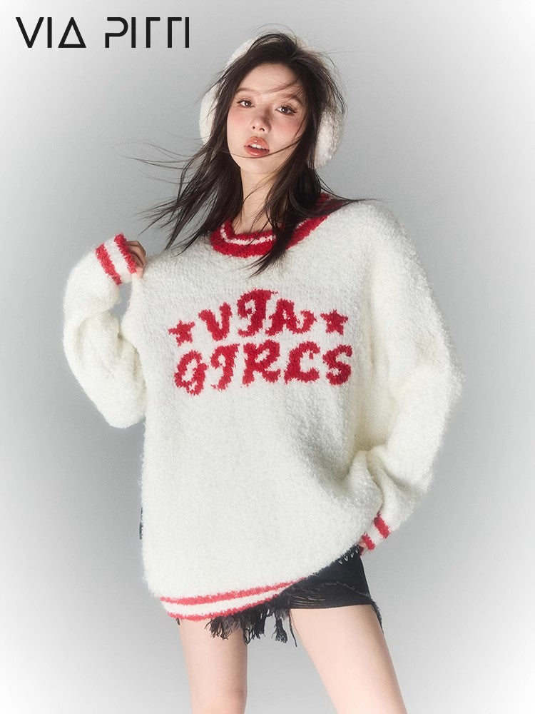 Contrast Letter Round Neck Knit Sweater NA4958