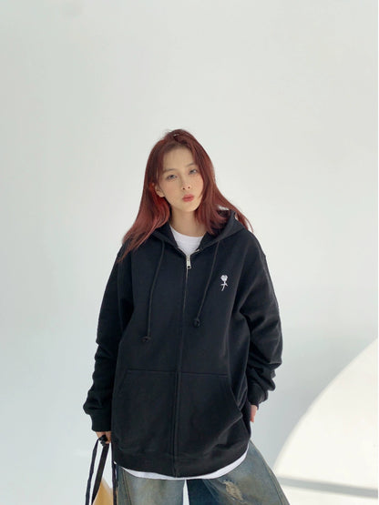 Rose Embroidery Oversize Zipper Hoodie NA2856