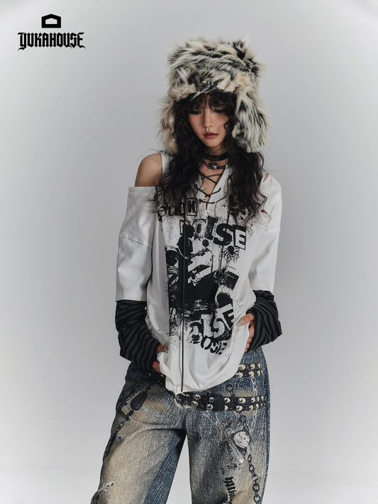 Fake Layered Drawstring V-Neck Long Sleeve T-Shirt NA9235