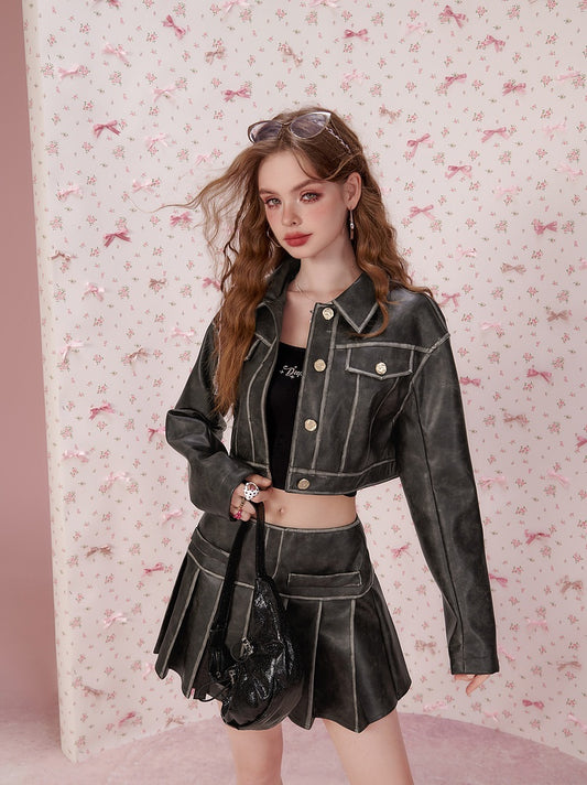 PU Leather Pleats Skirt & Long Sleeve Jacket Setup NA6846