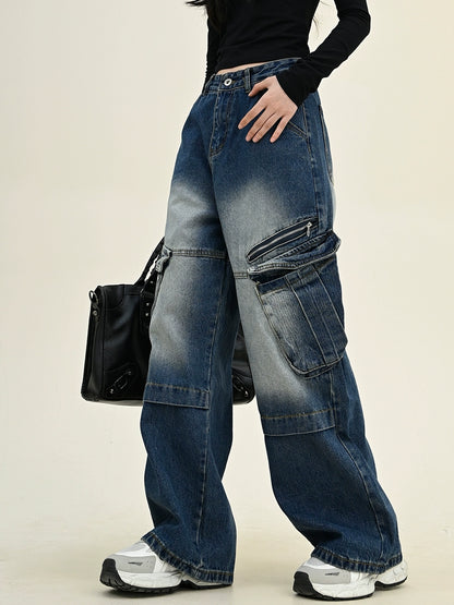 Oversize Washed Large Pocket Cargo Denim Jeans NA6282