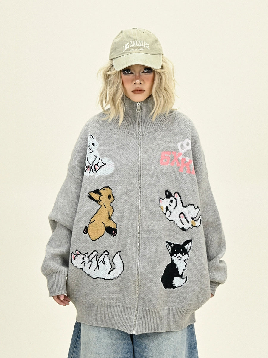 Cartoon Graphic Oversize Zipper Knit Cardigan NA6226