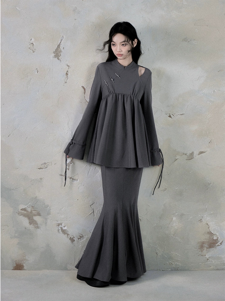 Ruffle Long Sleeve Shirt & Fishtail Long Skirt Setup NA5605