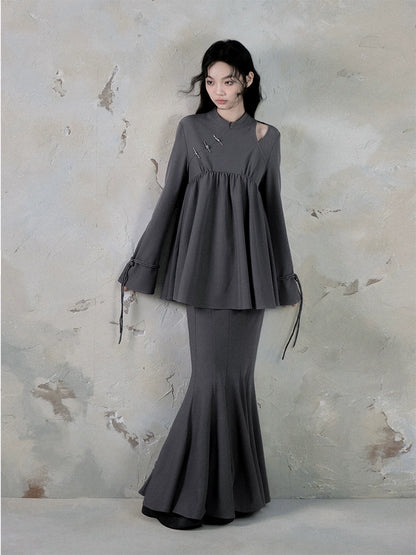 Ruffle Long Sleeve Shirt & Fishtail Long Skirt Setup NA5605