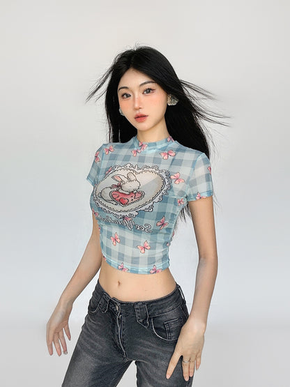 Mesh Plaid Short Sleeve T-shirt NA4571