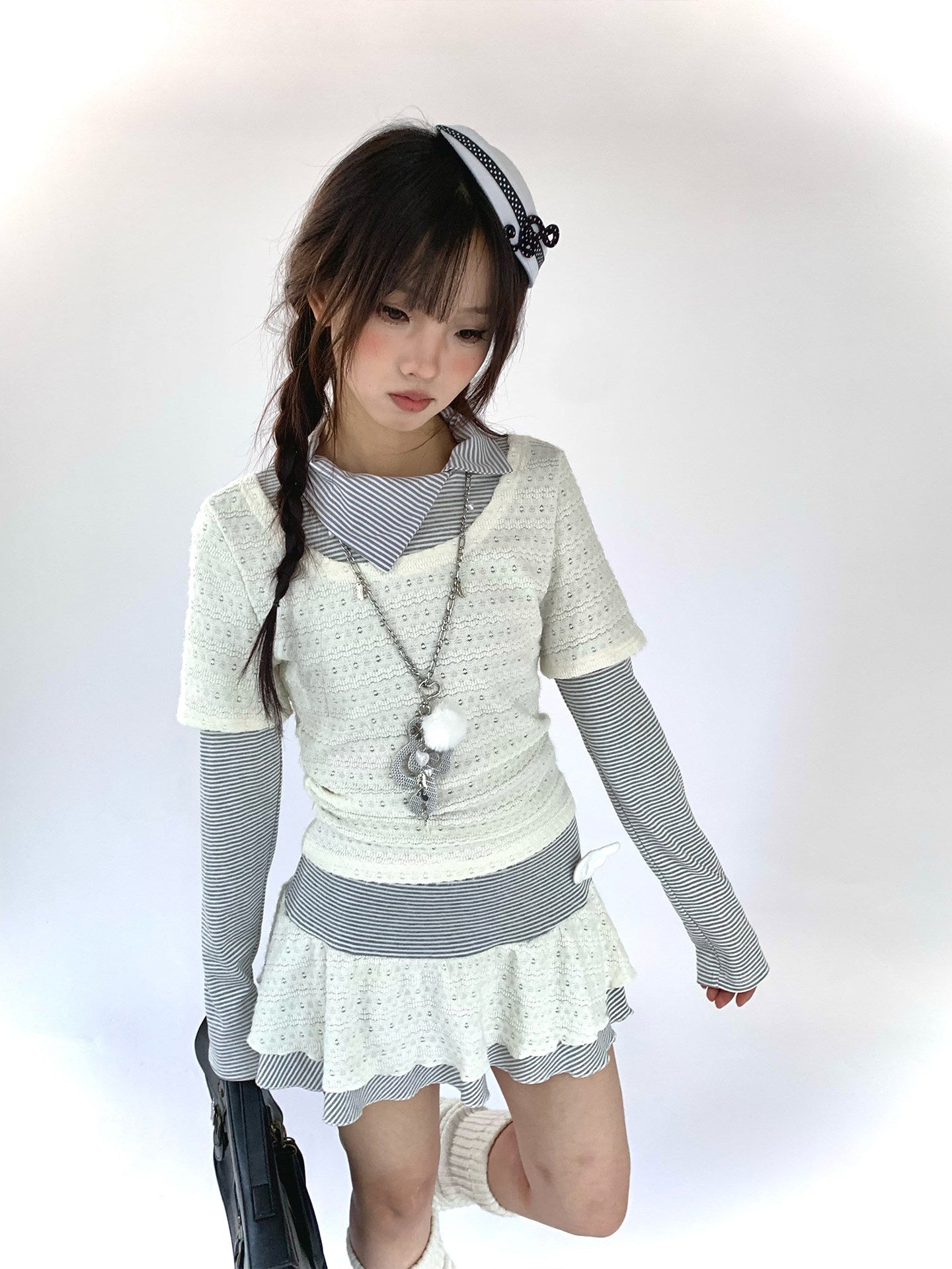 Fake Layered Striped Ruffle A-Line Dress NA9271