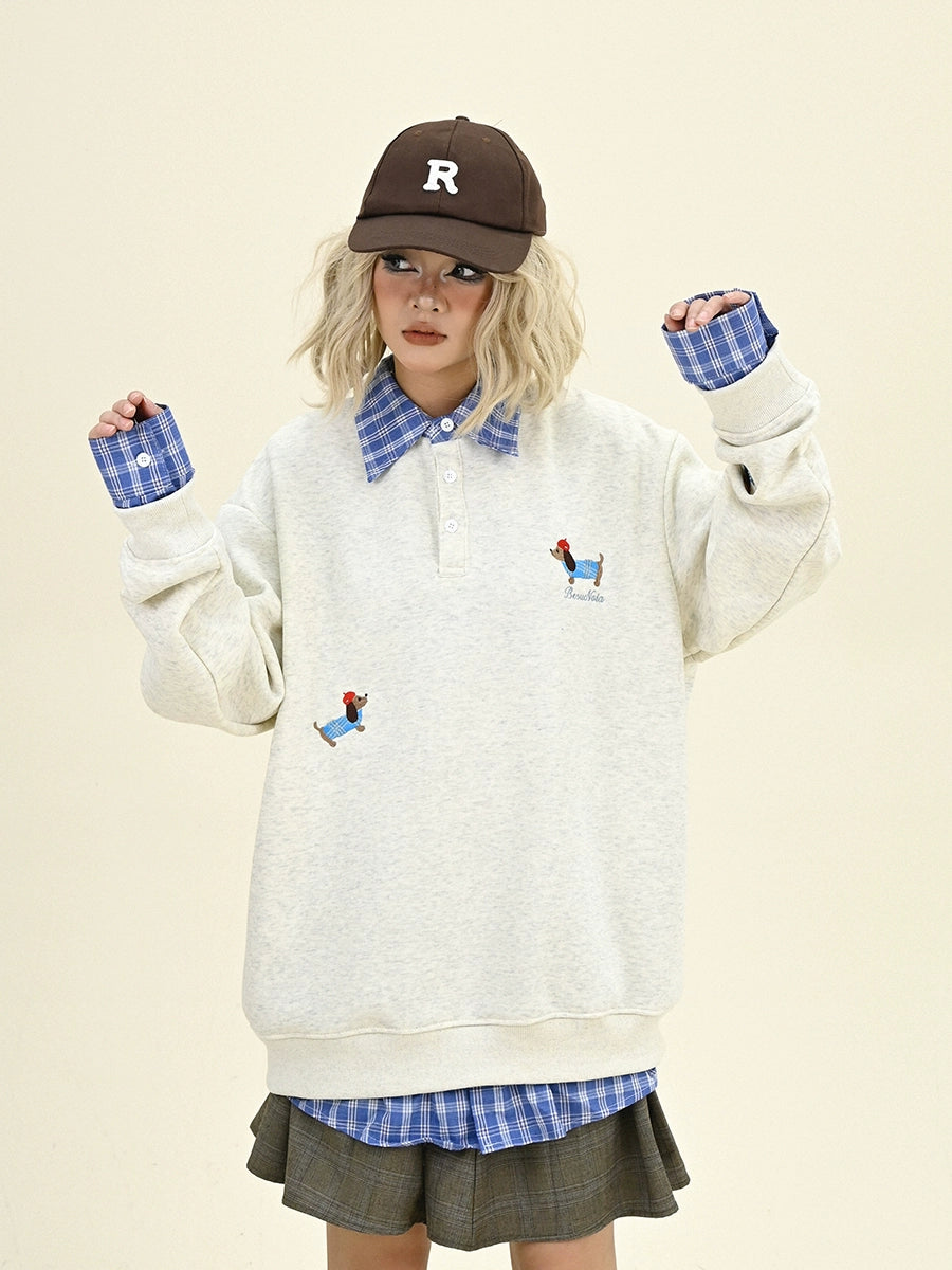 Fake Layered Dog Embroidery Sweatshirt NA6283