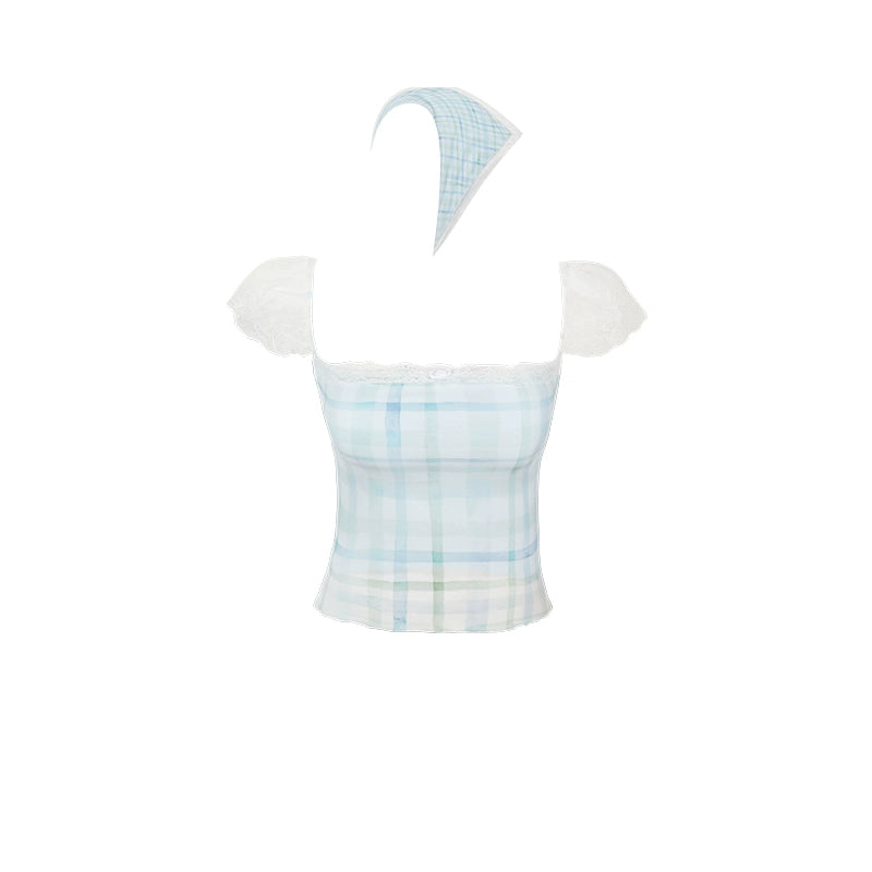 With Scarf Mesh Plaid Short Sleeve Blouse NA4113