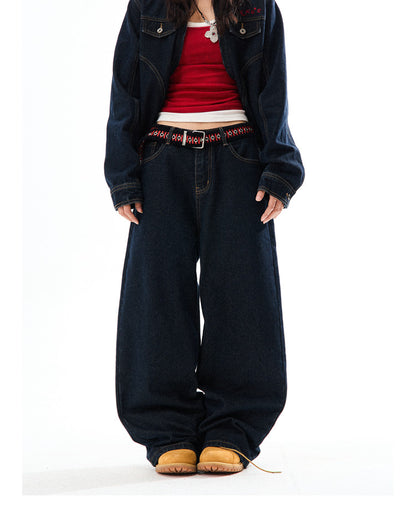 Embroidered Cropped Denim Jacket & Wide-Leg Denim Jeans Setup NA9420