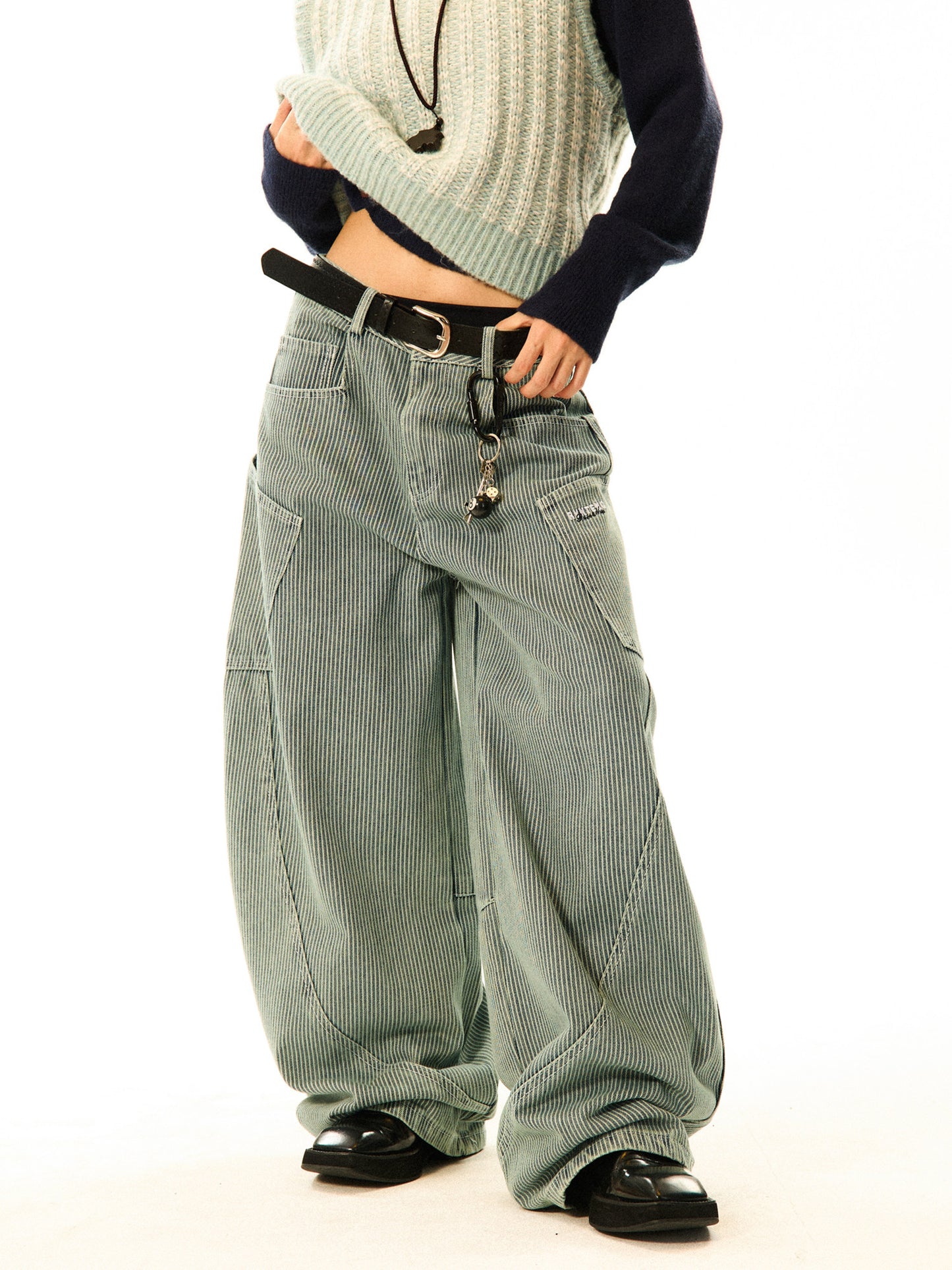 Stripe Pattern Wide Leg Denim Jeans NA9353