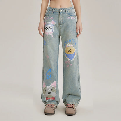 Dog Graffiti Wide Leg Denim Jeans NA3478