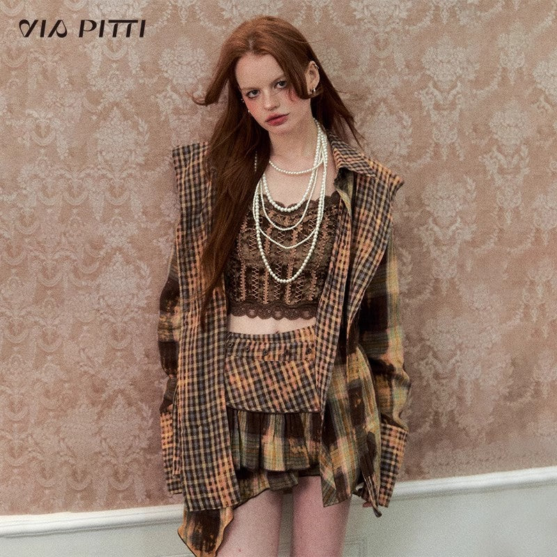 Patchwork Plaid Shirt & Patchwork Plaid Skirt Setup NA4721