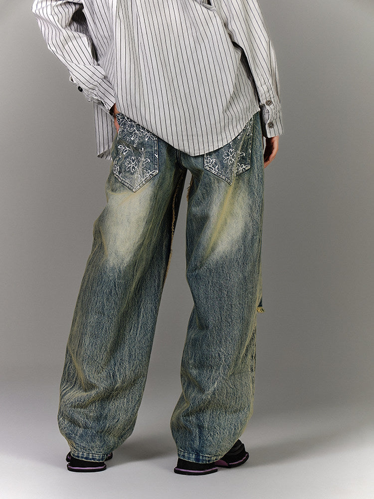 Washed Blue Damage Wide Leg Denim Jeans NA8878