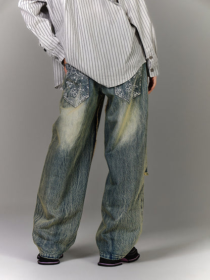 Washed Blue Damage Wide Leg Denim Jeans NA8878
