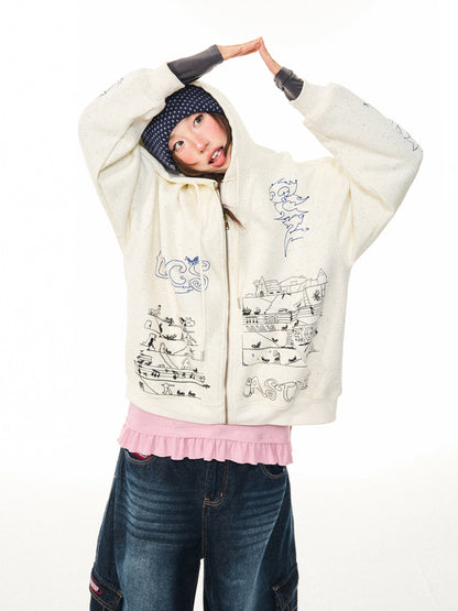 Graphic Print Oversize Zipper Hoodie NA9360