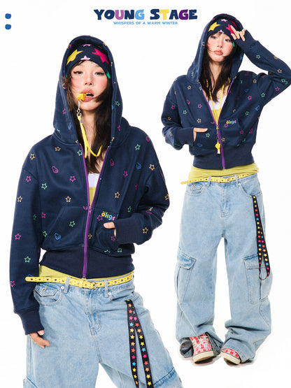 Star Print Fleece Zipper Hoodie NA9306