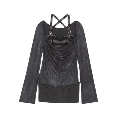 Fake Two-Piece Draped Pleated Mid- Length Slimming Long Sleeve T-Shirts NA8357