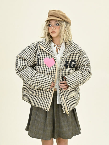 Heart Plaid Stand Neck Short Puffer Jacket NA6227