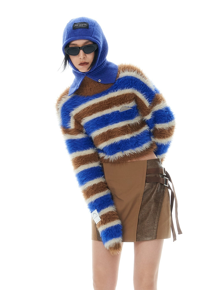 Cropped Striped Stand Neck Furry Knit Sweater NA5657