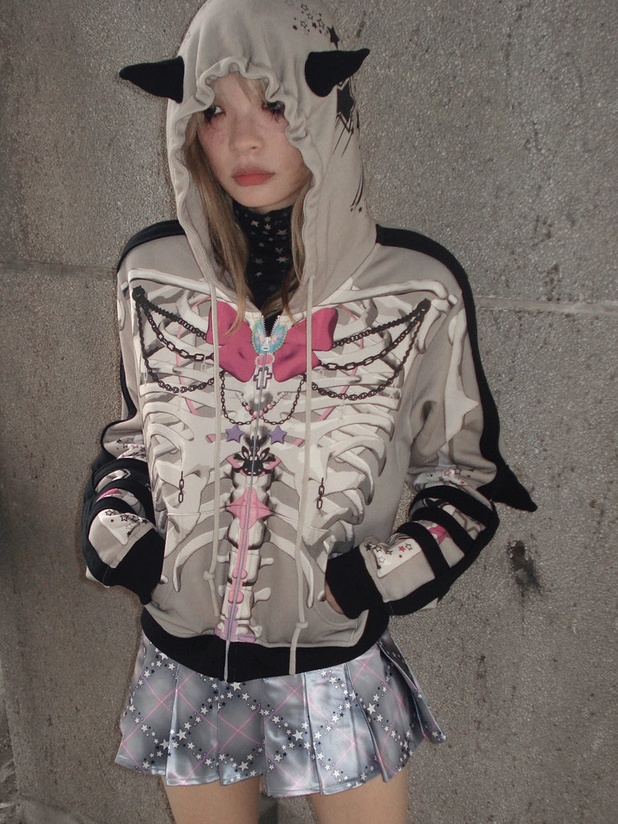 Skull Bowknot Print  Horns Hoodie NA6614